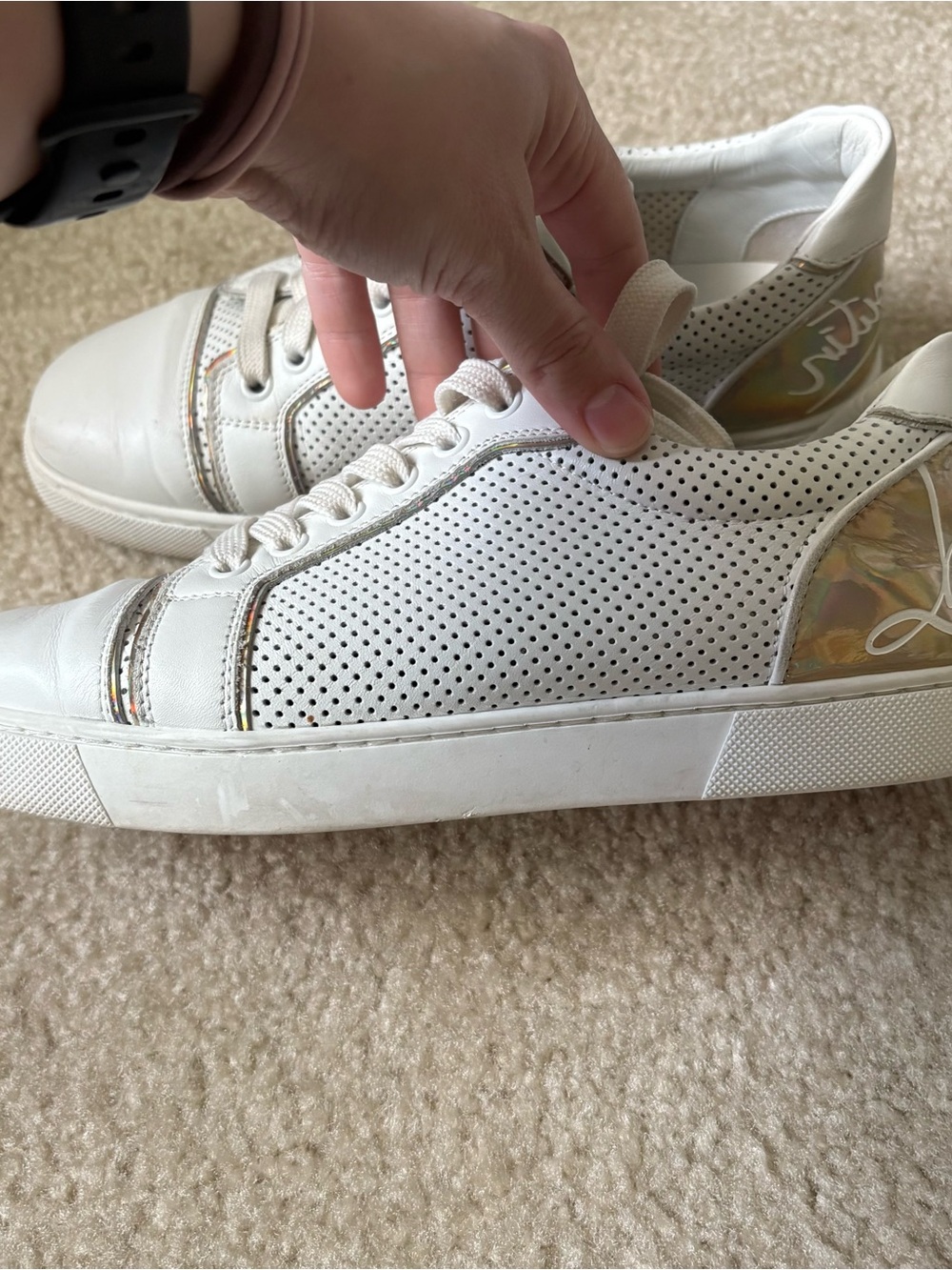 Christian Louboutin Fun Viara Flat Sneakers Bianco Holographic Logo Womens 38.5 - Picture 8 of 15